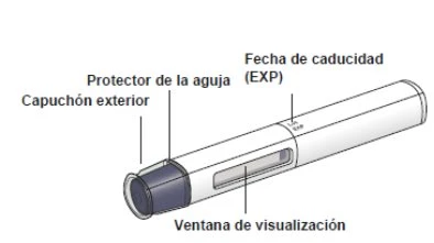 Technical drawing of an injection pen with labels indicating the outer cap, needle shield