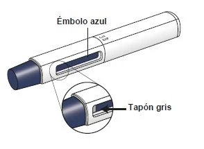 Technical drawing of a medical device showing a blue plunger and a gray cap enlarged in a circle to highlight it