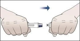 Two hands hold two parts of a medical device being brought together horizontally to the right, as indicated by a blue arrow