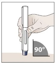 A hand holds an injection pen vertically at a 90-degree angle to the skin surface for administration