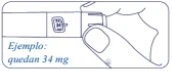 Disegno tecnico di una mano che tiene un dispositivo medico con un display che mostra la scritta Ejemplo quedan 34 mg