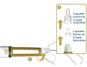 Diagramma medico che mostra la rimozione del cappuccio esterno e interno dell'ago di un dispositivo di iniezione con frecce direzionali verso l'alto
