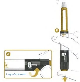 Diagramma medico che mostra una mano che impugna una penna iniettore con indicatore di dose e un dettaglio ravvicinato della selezione di 1 mg