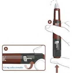 Close-up of a brown medical device held in hand showing a selected dose of 0.4 mg with an arrow pointing toward the