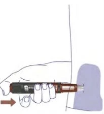 A hand holding an injection pen horizontally, pressing it against the skin of the thigh with a red arrow indicating the direction of movement
