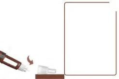 A hand holding a brown medical device at an angle while a curved arrow indicates the insertion motion into a white container on a brown base