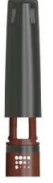Cylinder-shaped medical device with an elongated gray top and brown base with small white circular holes arranged in a square pattern