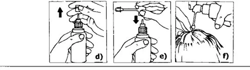 Three sequential drawings show hands removing the cap, inserting the