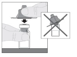 A hand presses a protective cap onto a medication vial while a box with a cross symbol indicates the location