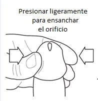 Disegno tecnico che mostra due mani che premono leggermente verso l'interno per allargare un foro centrale con frecce direzionali laterali