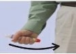 A hand holding a medical device with a curved black arrow indicating a clockwise rotational movement
