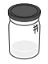 A transparent glass jar with a dark flat lid and a small side handle on a white background