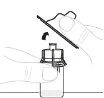 A hand removes the protective cap from a medicine vial while the