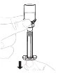 A hand holds a syringe vertically with a black arrow pointing downward along the plunger indicating the pressure to be applied