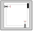 Diagram with scissors and dashed lines indicating cutting points on a white sheet with gray borders and a black band in the upper right corner