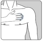Schematic drawing of a male torso with a hand placed on the chest over a circular highlighted area to the left of the heart