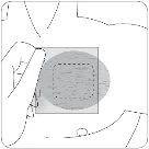 Disegno schematico del busto umano con un cerchio grigio che evidenzia l'area dell'addome per l'applicazione di un cerotto medico