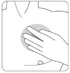 Disegno lineare di una mano appoggiata sulla parte superiore dell'addome sopra un'area circolare ombreggiata per indicare il punto di applicazione