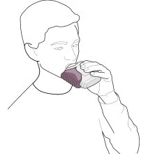 Disegno lineare di un uomo che beve da un bicchiere tenuto con la mano destra per assumere un medicinale