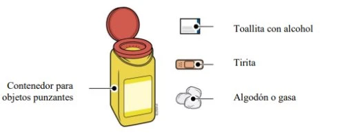 Yellow sharps container with red cap, alcohol wipe, adhesive bandage, and cotton ball or gauze on a white background