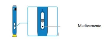 Diagram of a blue injection pen with an enlargement showing the transparent window where the medication is visible, labeled Medicamento
