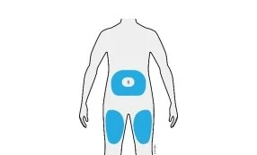 Stylized human body diagram with highlighted blue areas on the