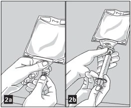 Due illustrazioni mostrano mani che manovrano una sacca per infusione e una siringa per il prelievo del farmaco tramite un connettore