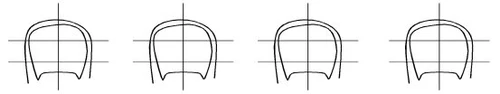 Quattro diagrammi schematici identici in bianco e nero che mostrano una sezione trasversale di un organo con linee di riferimento orizzontali e verticali