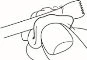 Disegno a linee nere che mostra una mano che impugna e ruota un dispositivo medico a forma di penna o siringa per l'iniezione
