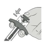 A hand holding a medical device with an arrow indicating downward pressure to activate