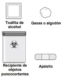 Drawing of an alcohol wipe, gauze or cotton, a sharps container with biohazard symbol, and a medicated adhesive bandage