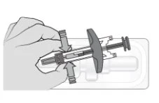 A hand holding a pre-filled syringe with arrows indicating downward pressure to activate the medical device