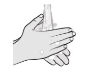 Stylized drawing of two hands rubbing together for hand hygiene