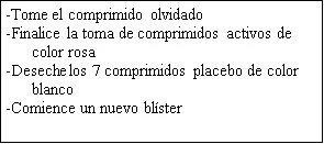 Spanish text on white background with medical instructions: take the missed tablet, finish the pink ones, discard the 7 white placebo pills and start a new blister pack