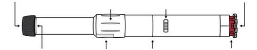 Diagramma tecnico di una penna iniettiva con frecce nere che indicano le diverse parti del dispositivo cilindrico e la ghiera rossa terminale