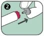 Una mano impugna un dispositivo medico grigio e lo sposta verso l'estremità rossa di un cilindro bianco indicato da una freccia nera