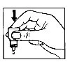 A hand holds a medical device with a black arrow indicating to press down on the top of the container