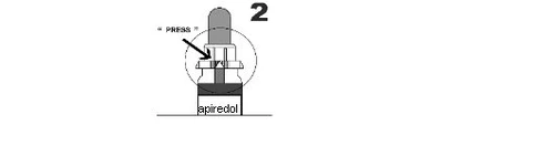 Technical diagram with the label PRESS and an arrow indicating to press the upper part of a medical device numbered 2