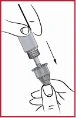 One hand holds a vial and inserts it into another container with an arrow indicating downward movement