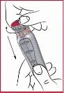 Technical drawing showing one hand gripping a cylindrical medical device and tilting it downward with a directional arrow