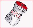 White medical device with a red upper crown and a graduated ring showing decreasing red numbers from 8 to 5