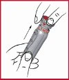 Two hands holding a cylindrical medical device while an arrow indicates the motion of removing the upper cap upward