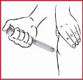 One hand holds an injection pen to administer medication into the fatty tissue of a stylized leg depicted in sketch form