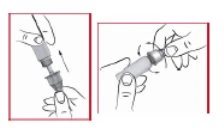 Two illustrations show hands unscrewing and then inserting a cylindrical component into a medical device for