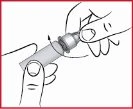 Two hands holding and rotating a medicine vial with a circular motion indicated by black arrows on a white background