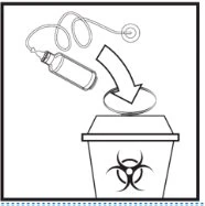 Disegno lineare di una fiala che viene gettata in un contenitore per rifiuti biologici contrassegnato dal simbolo del rischio biologico
