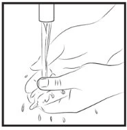 Disegno a tratto di due mani che si lavano sotto un getto d'acqua corrente con gocce che cadono verso il basso