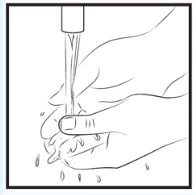 Disegno a linee nere che mostra due mani che si lavano sotto un getto d'acqua con gocce che cadono e scivolano tra le dita