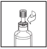 Disegno tecnico di una mano che ruota una capsula superiore di un flacone verso sinistra indicata da una freccia curva