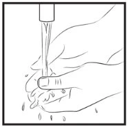 Disegno a linee nere che mostra due mani che si lavano sotto un getto d'acqua corrente con gocce che cadono verso il basso